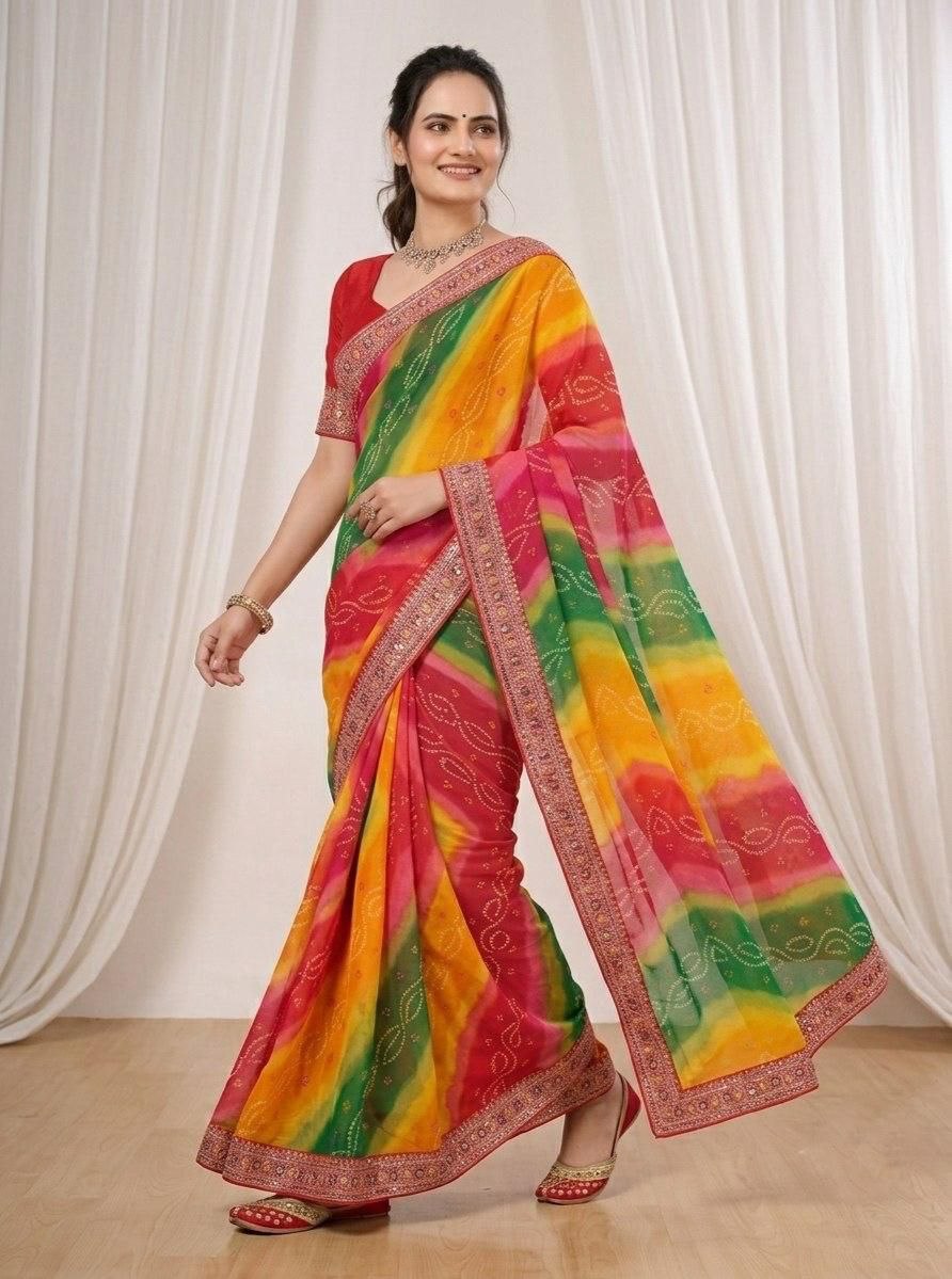 Availability embroidery digital print bandhej georgette yellow saree