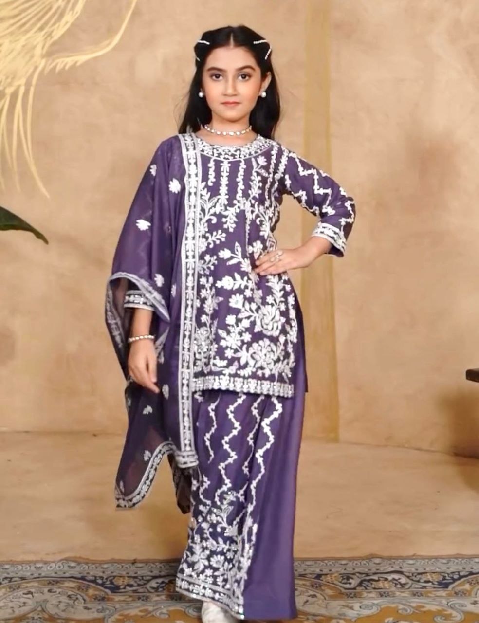 Gorgeous diamond heavy faux georgette purple sharara suit