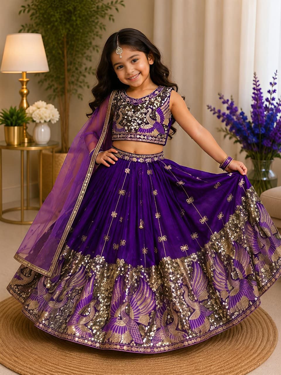 Designation embroidery sequence sindur silk purple lehenga choli