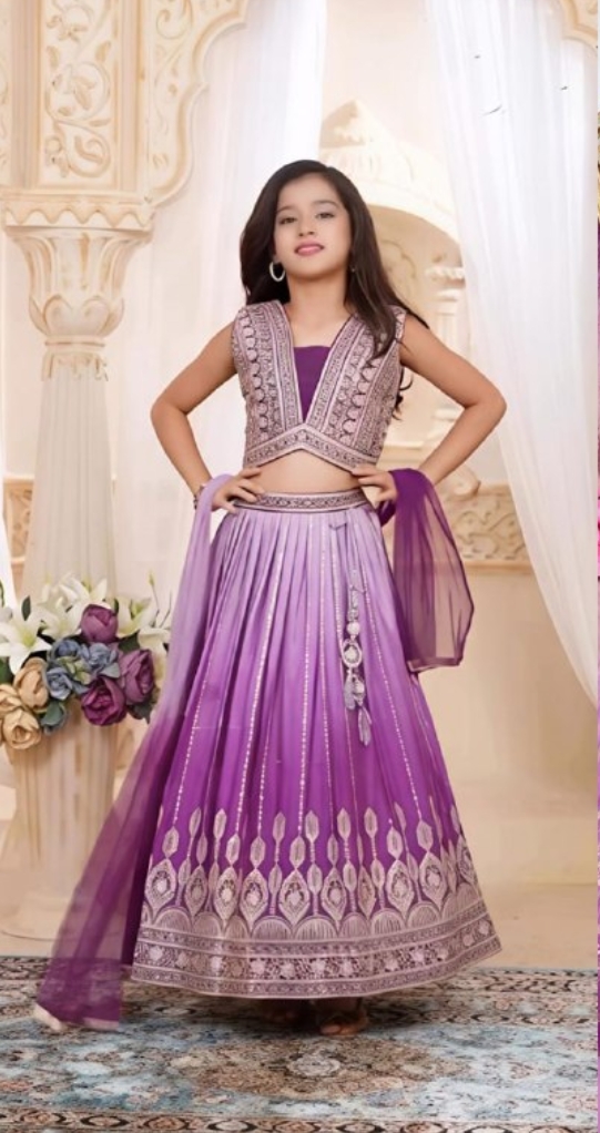 Presenting embroidery sequence digital print silk purple lehenga choli