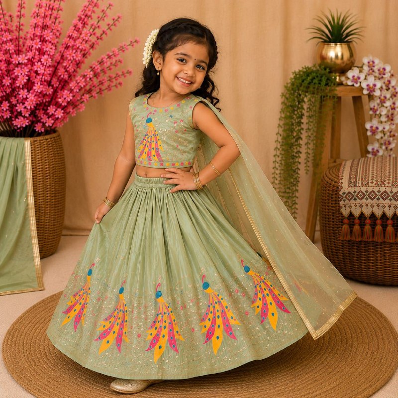 Traditional sequence embroidery silk pista lehenga choli