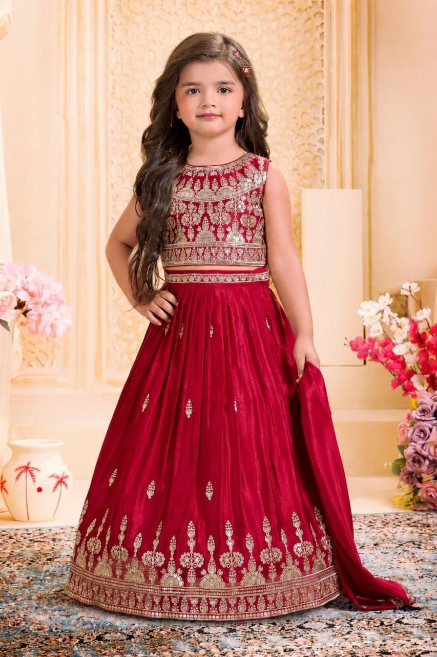 Navratri embroidery sequence chinnon silk red lehenga choli
