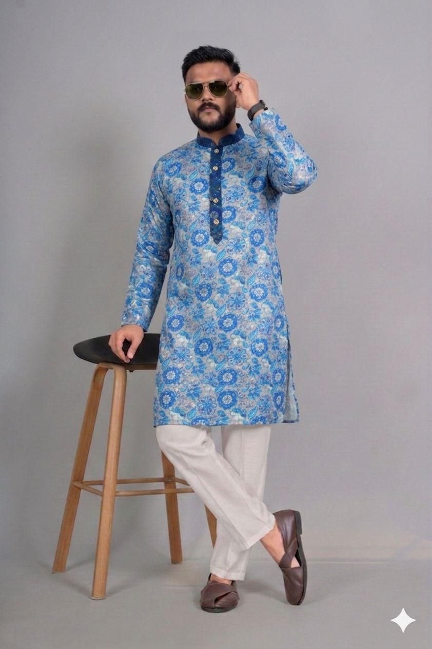 Presenting megic digital work rayon blue kurta pajama