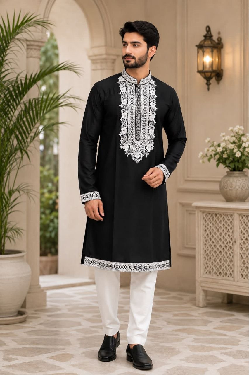 Excellent soft silk cotton black kurta pajama