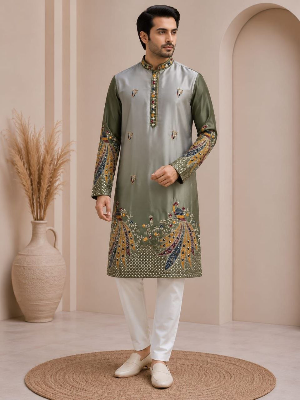 Designation embroidery raymond cotton yellow kurta pajama