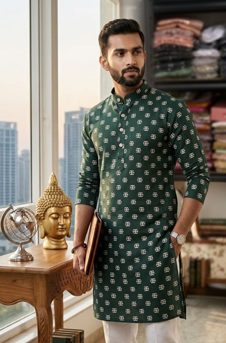 Ethnic heavy cotton green kurta pajama