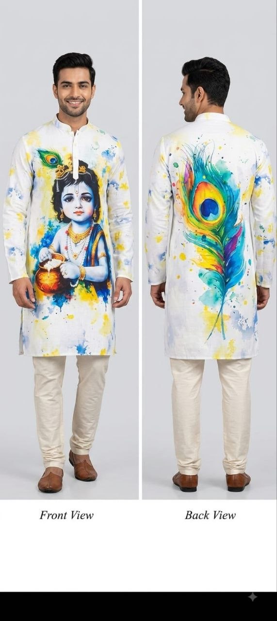 Janmashtami digital print cotton white kurta pajama