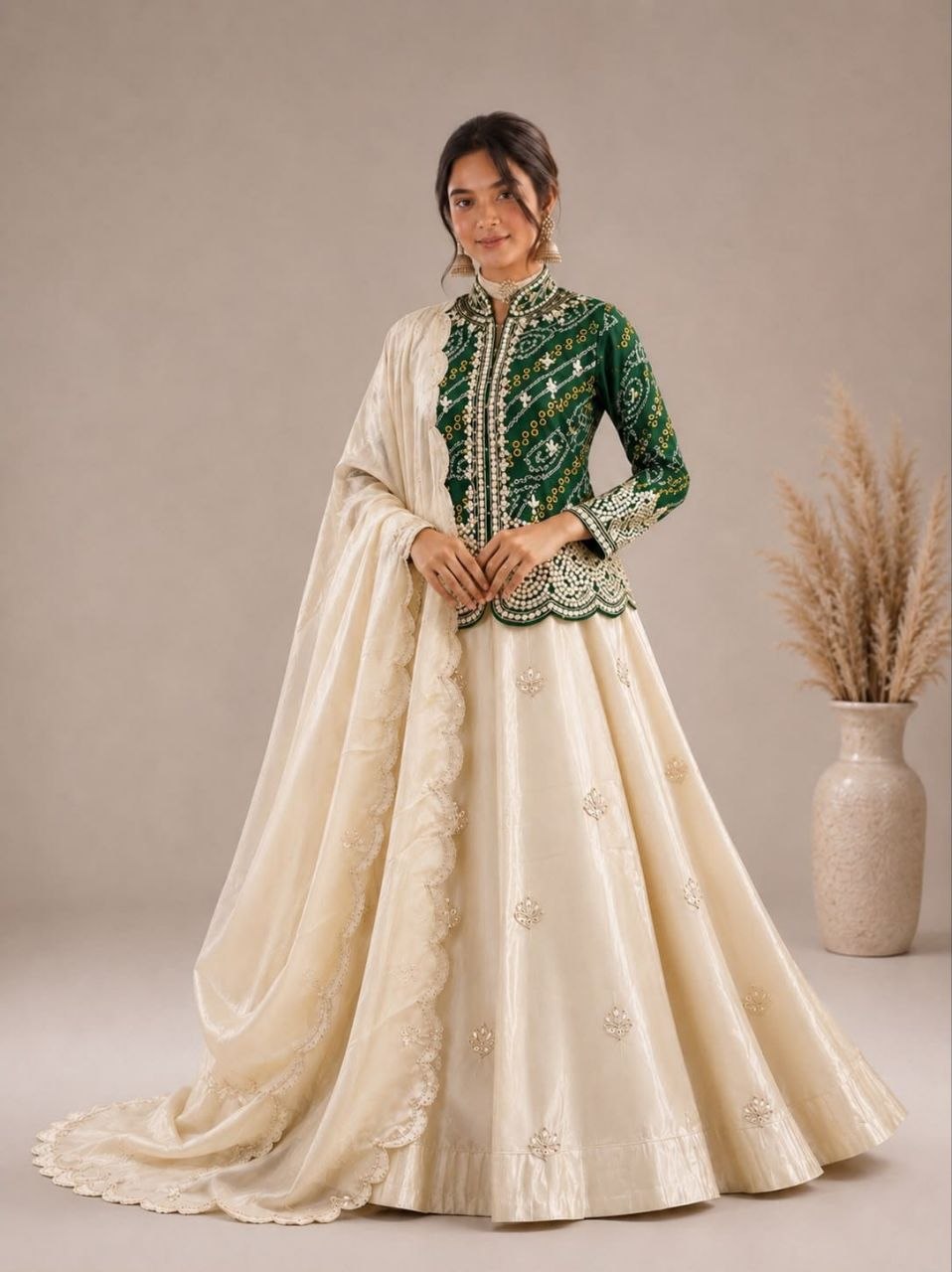 Trending embroidery thread sequence cotton green lehenga jacket dupatta