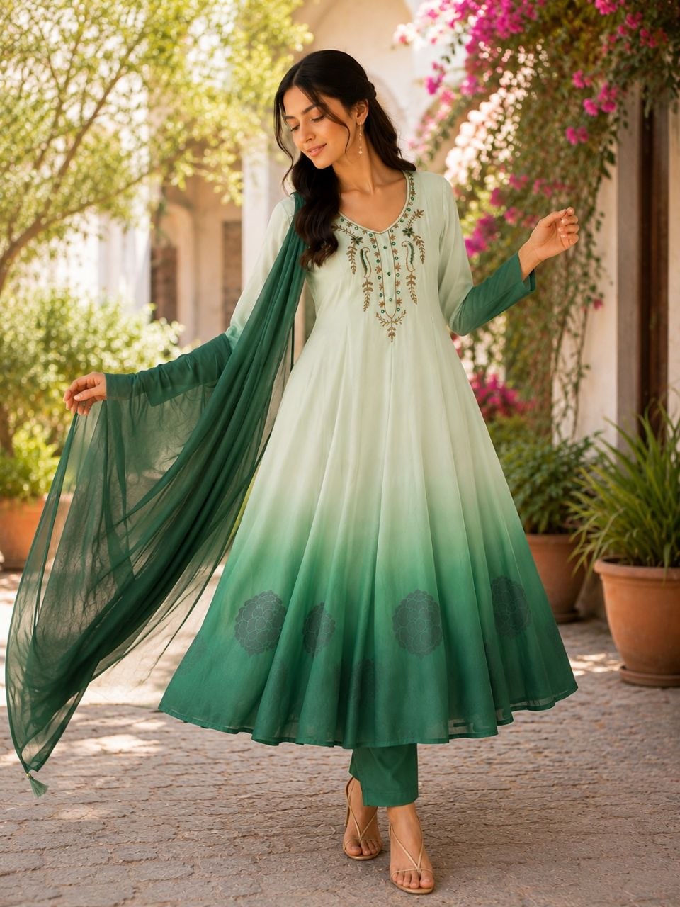 Launching chiffon green anarkali gown