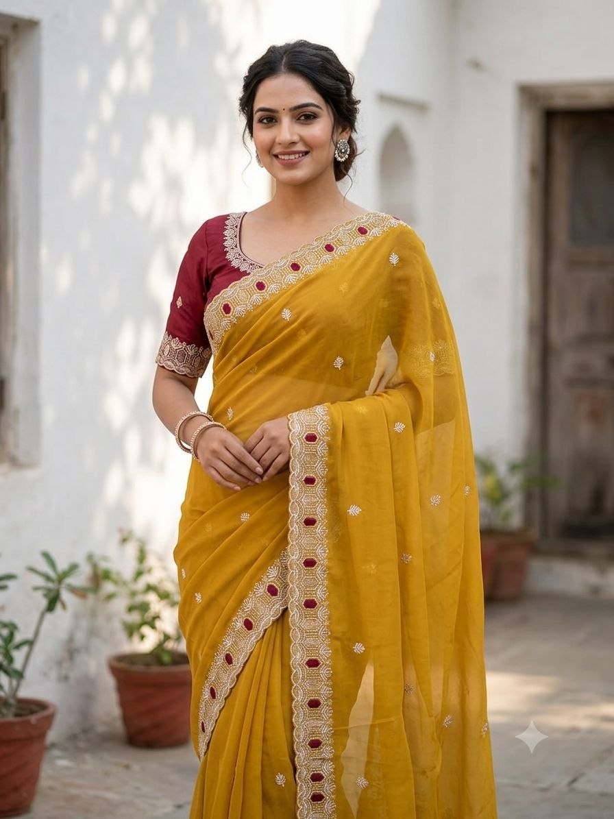 Excellent embroidery star georgette yellow saree