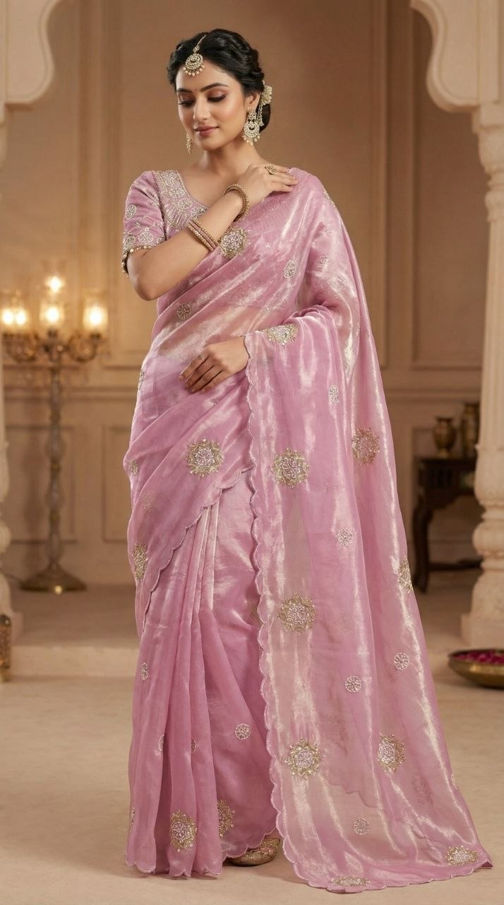 Traditional fandy satin silk pink saree