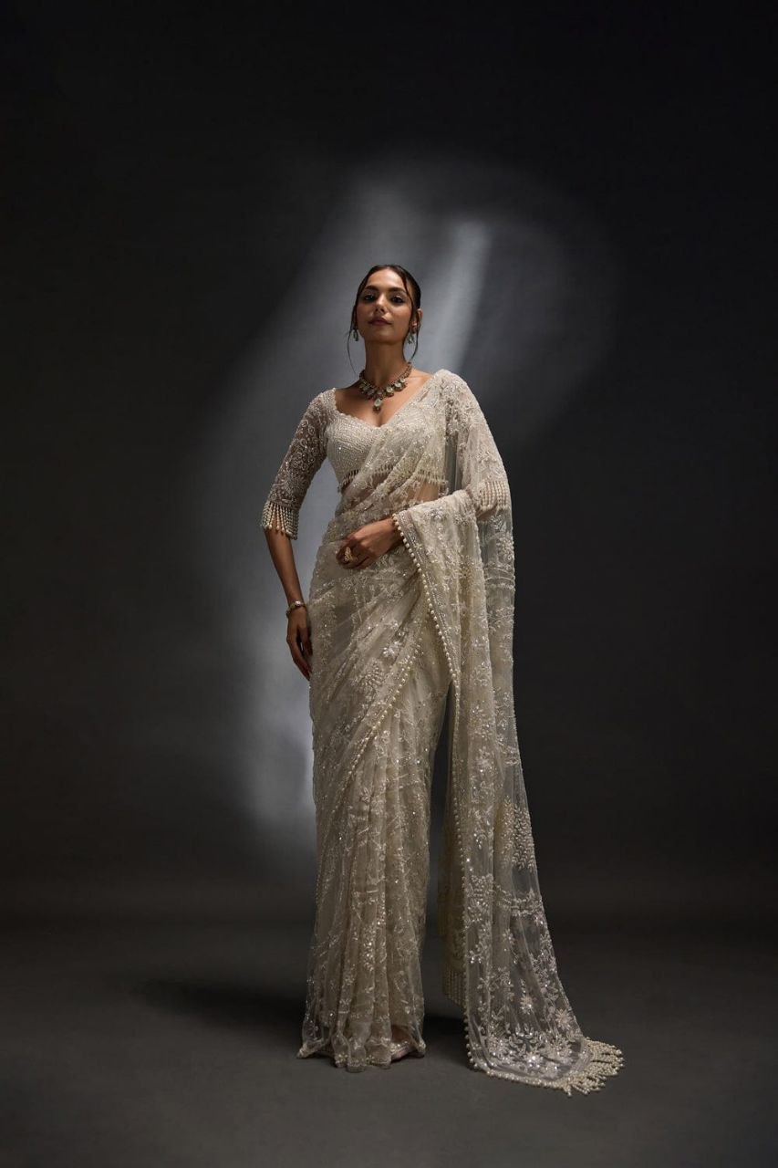 Bollywood embroidery sequence net white saree