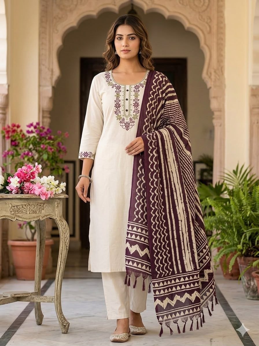 Premium khadi print cotton purple kurti pant dupatta