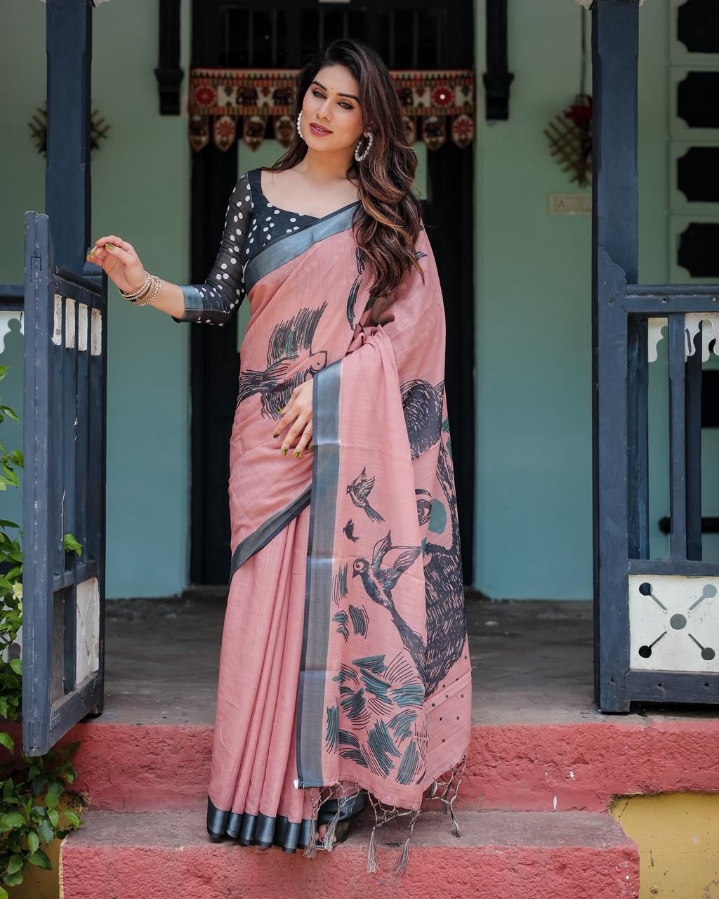 Modeling silver weaving linen cotton pink saree