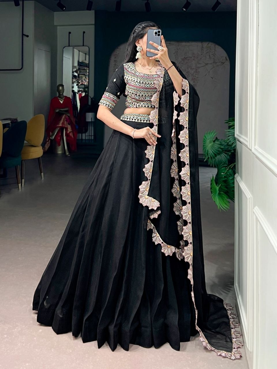 Navratri thread sequence georgette black lehenga choli dupatta