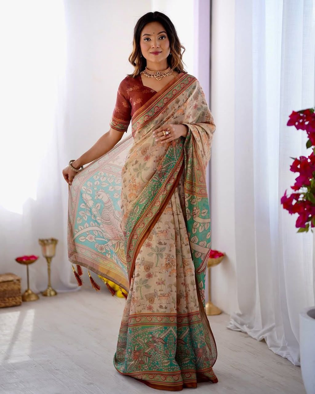 Opportunity digital print linen cotton mehendi saree