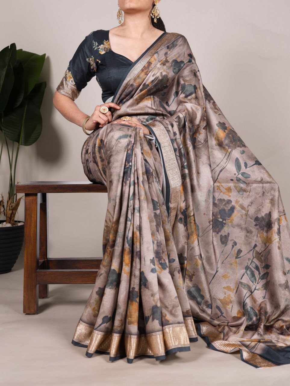Elegance printed viscose tussar silk black saree