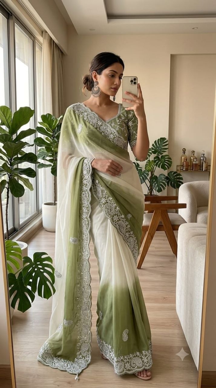 Bollywood embroidery mono silk green saree