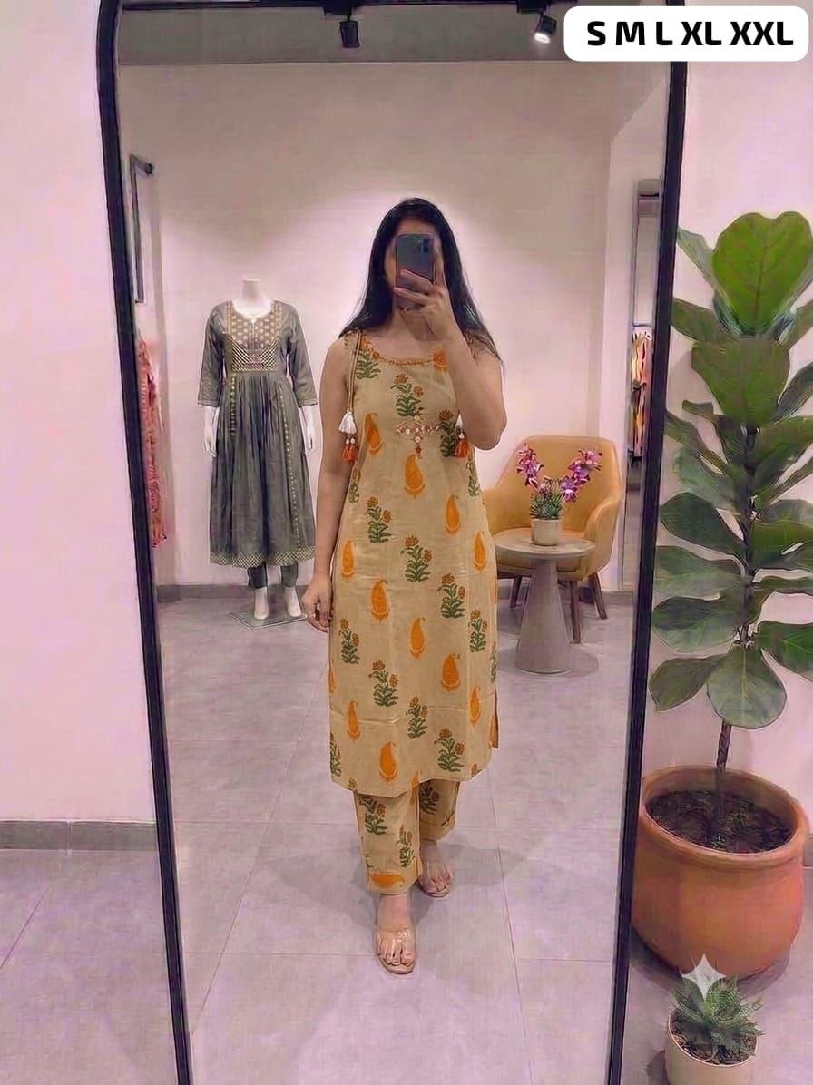 Exclusive sleeveless cotton yellow kurti palazzo