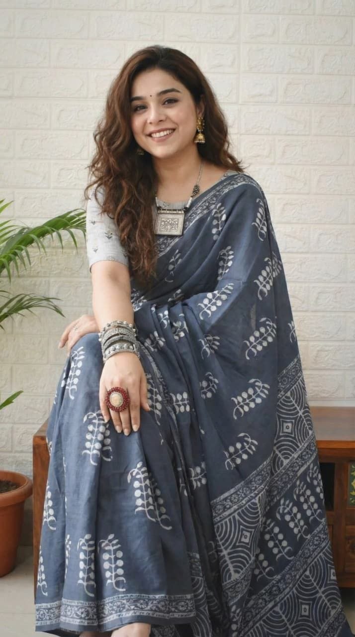 Presenting digital print cotton gray saree