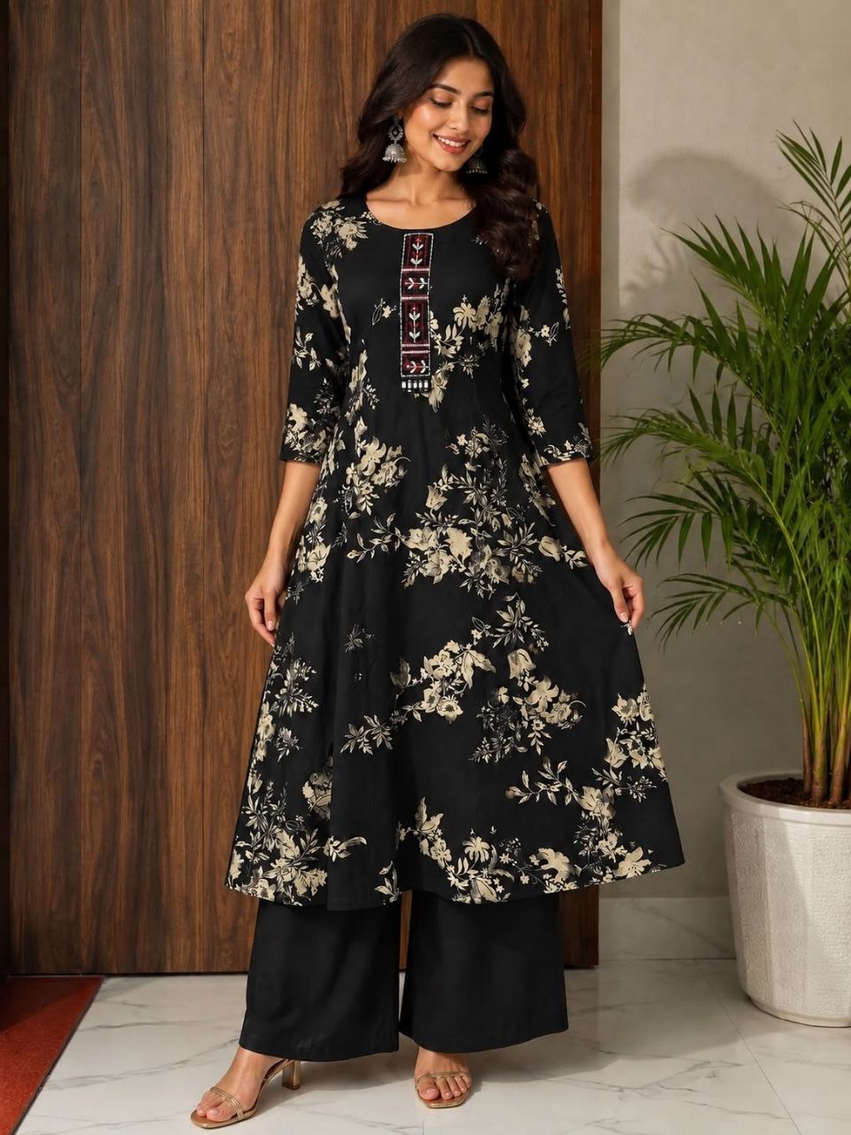 Presenting embroidery flower print rayon black palazzo suit