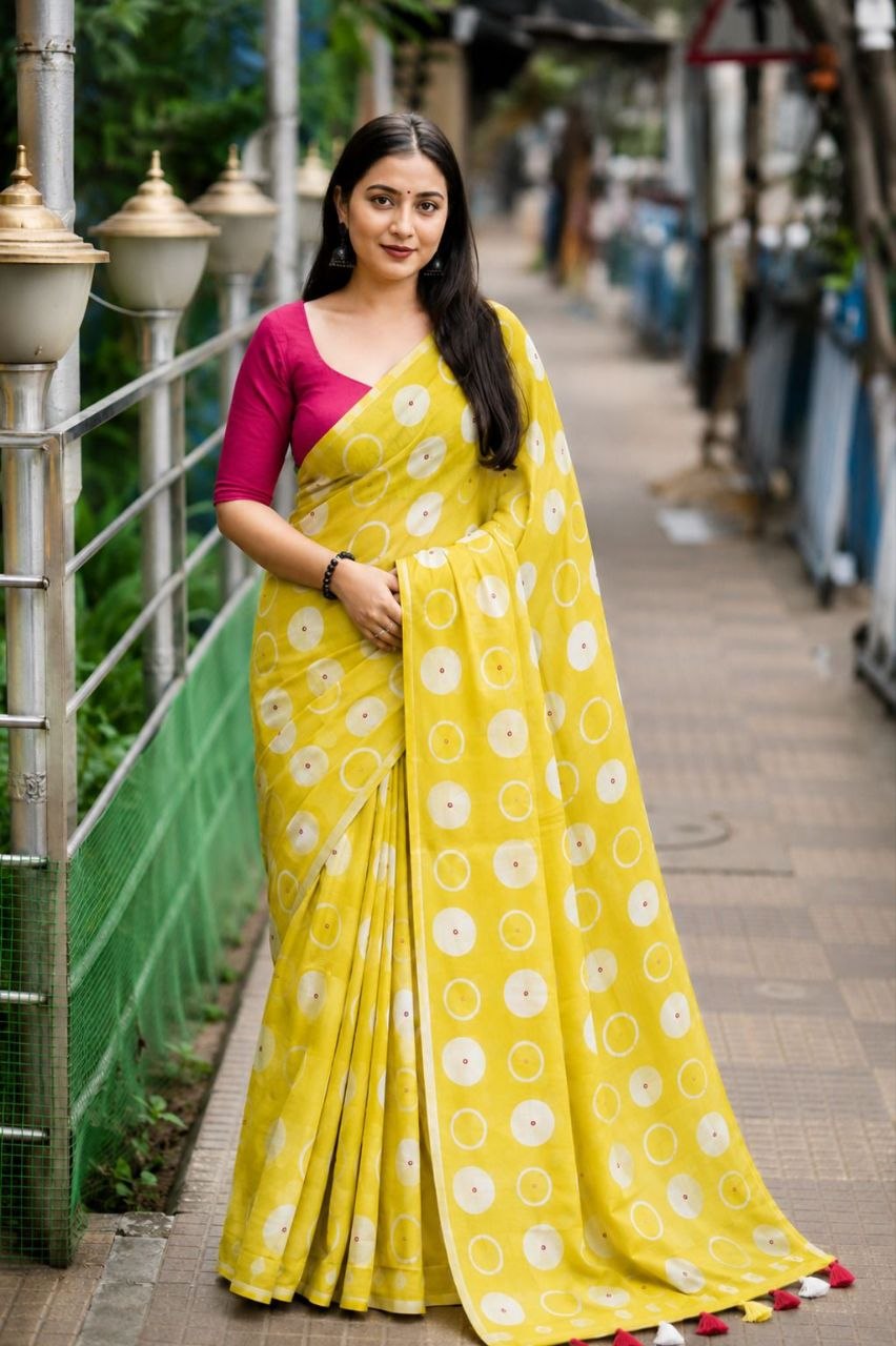 Premium printed soft linen cotton yellow saree