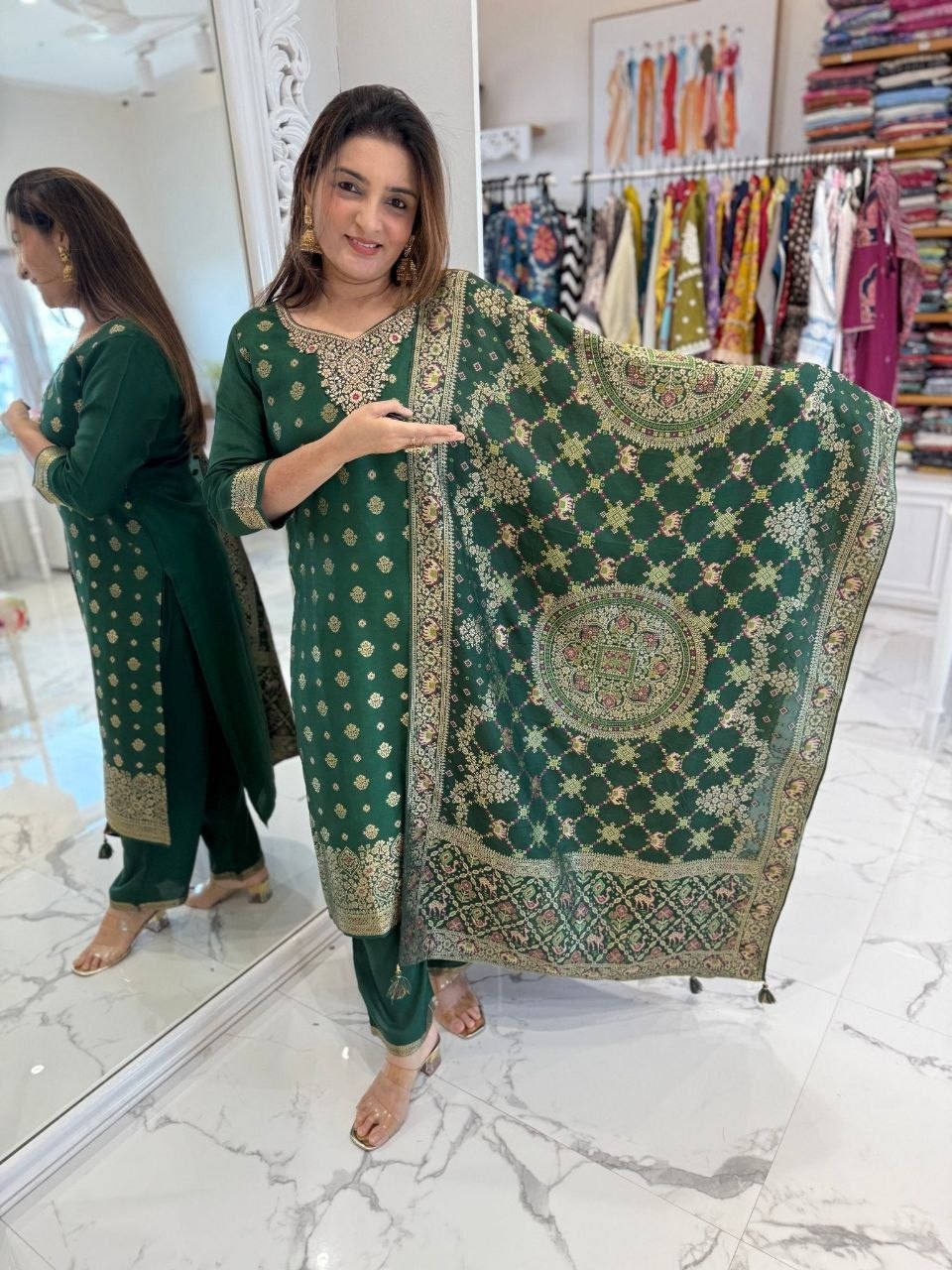 Launching banarasi cotton green salwar suit