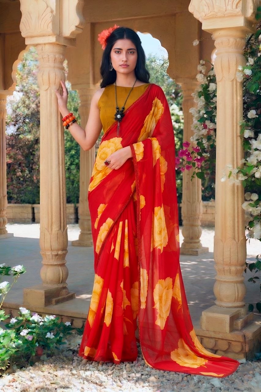 Perfect floral print chiffon orange saree