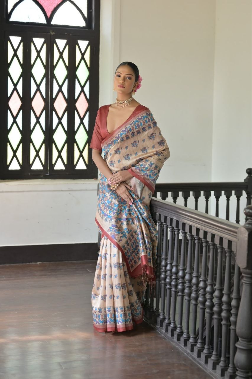 Beautiful print tussar silk maroon saree