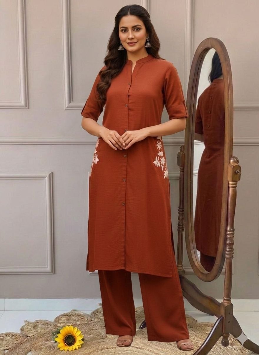 Dhamaka embroidery cotton maroon cord set