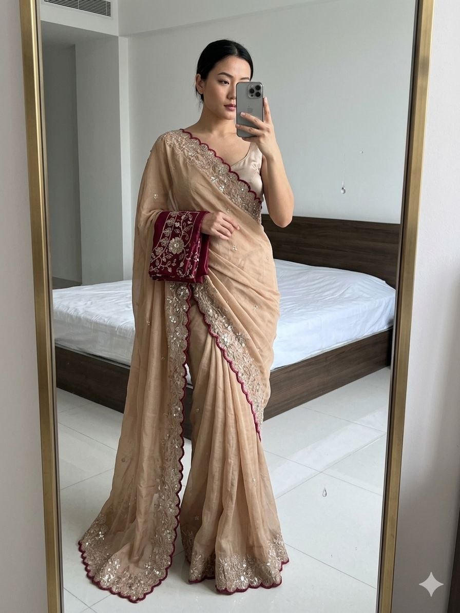 Beautiful embroidery sequence star georgette yellow saree