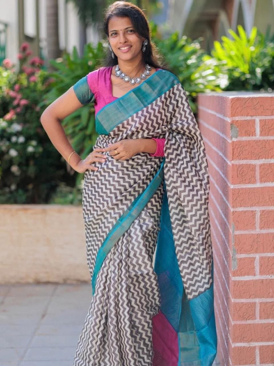 Exclusive digital print gold linen blue saree