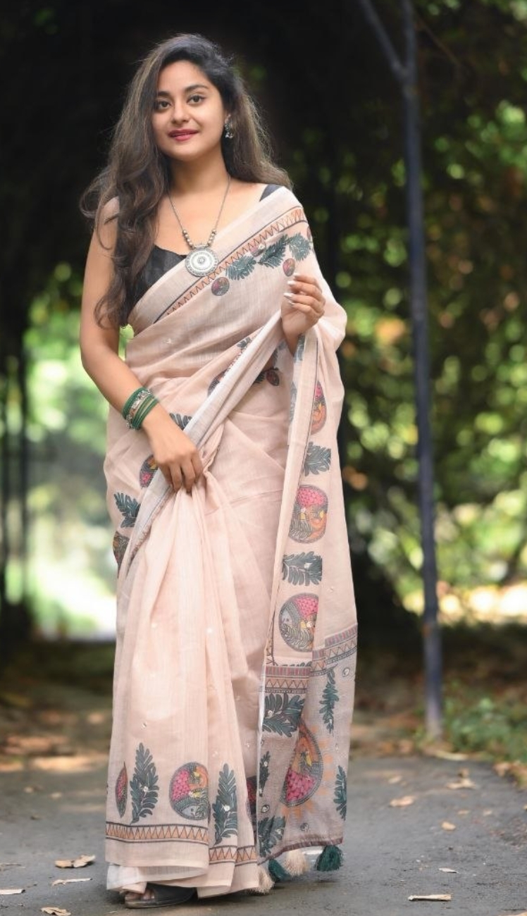 Running soft linen cotton peach saree