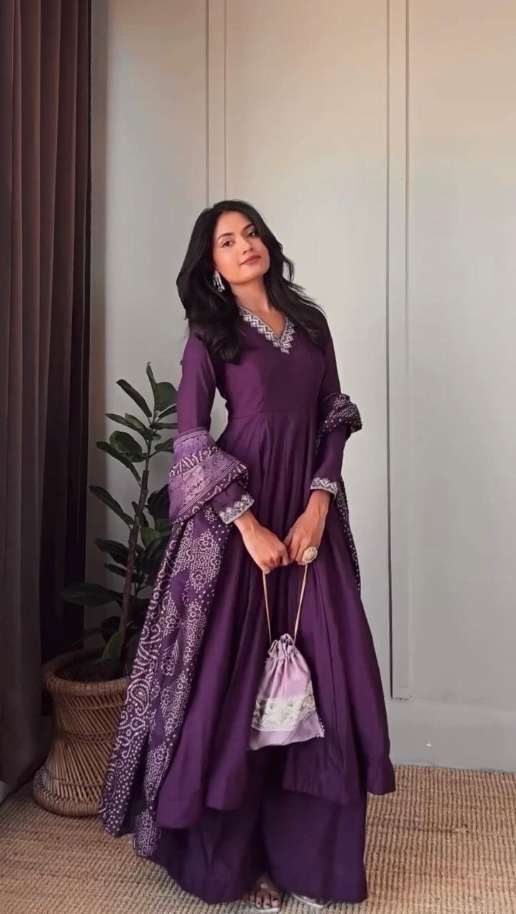 Gorgeous digital print chinnon silk purple anarkali palazzo
