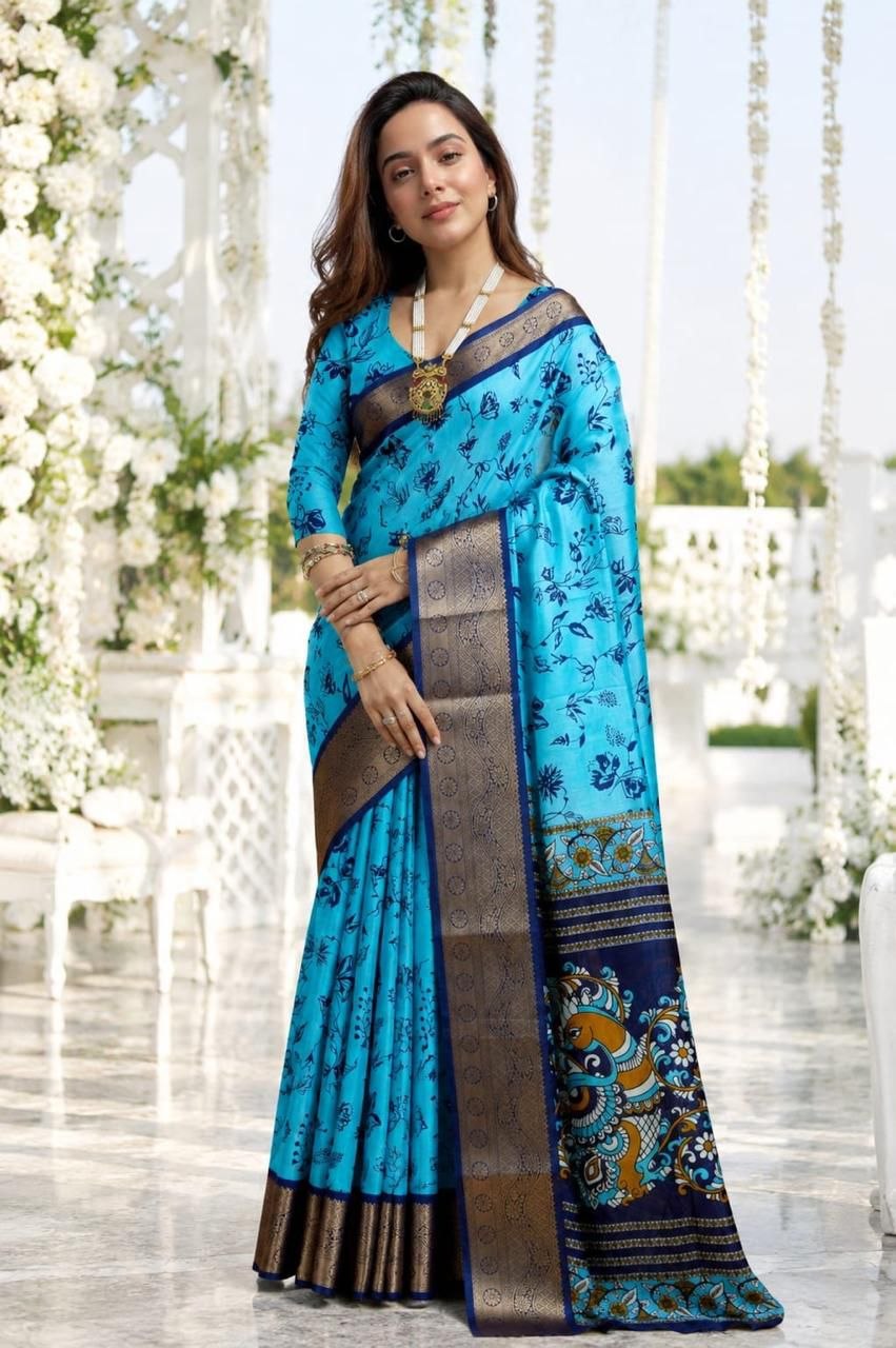 Premium kalamkari print kanjivaram cotton blue saree