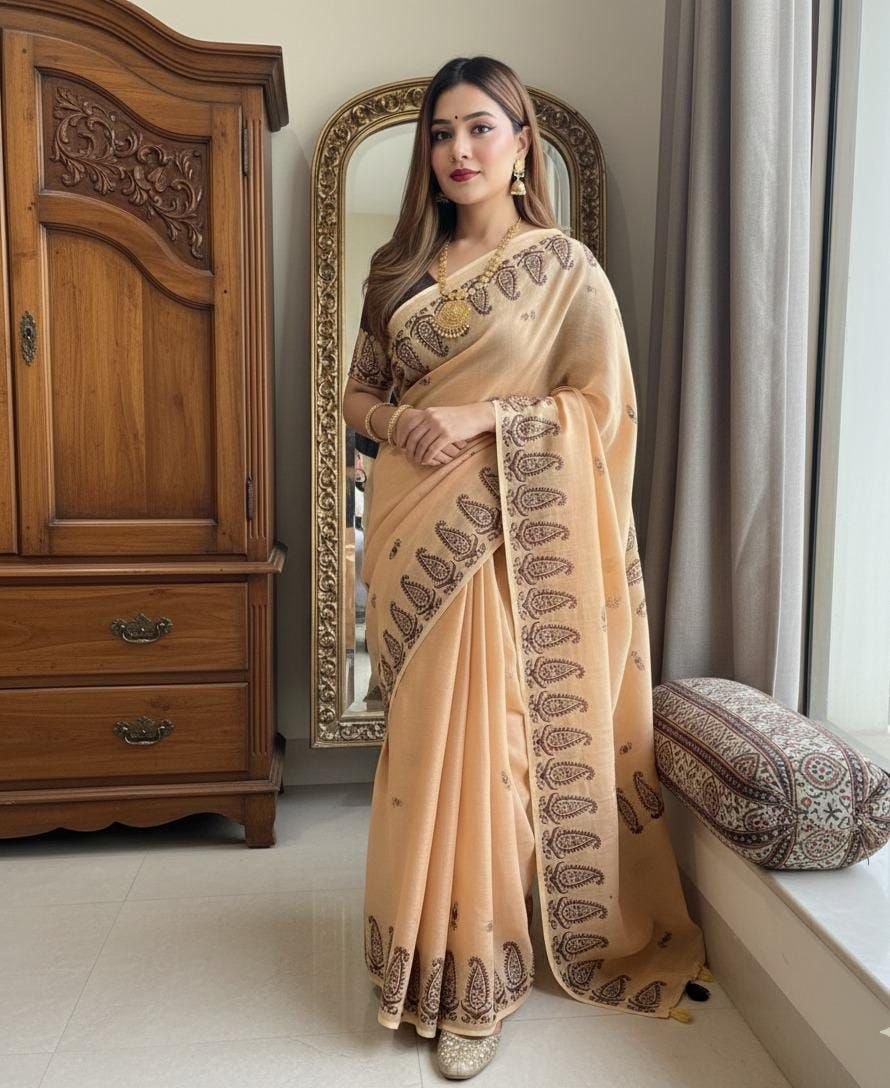 Running printed style linen mehendi saree