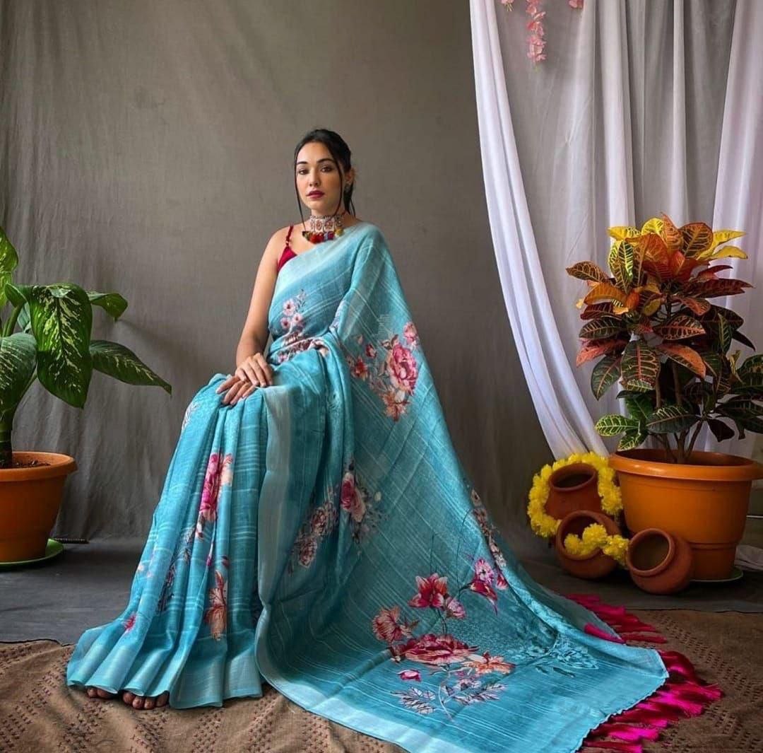 Original digital print zari linen blue saree