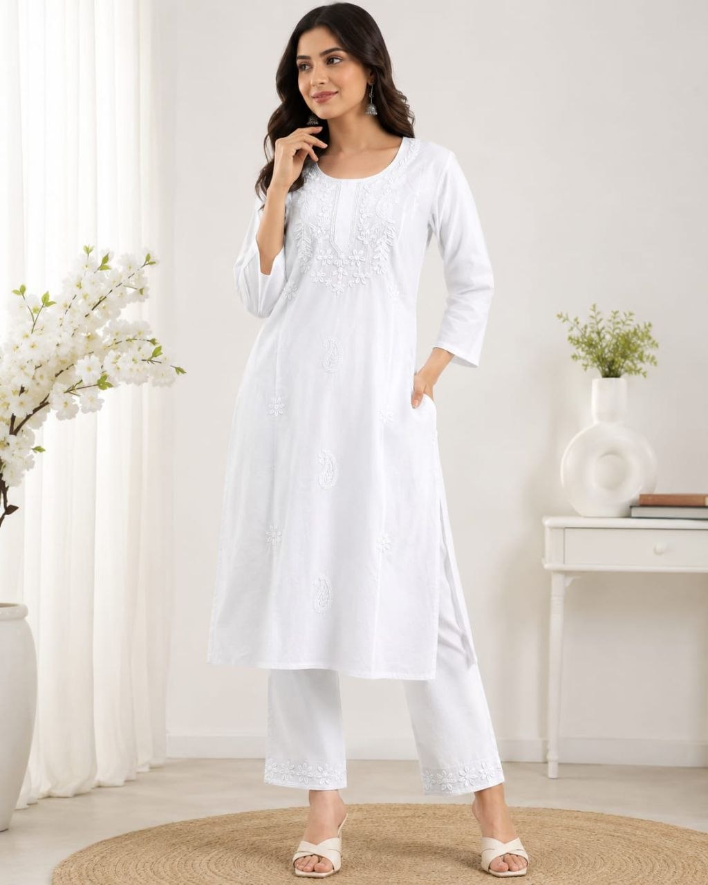 Beautiful chikankari rayon cotton white kurta pant
