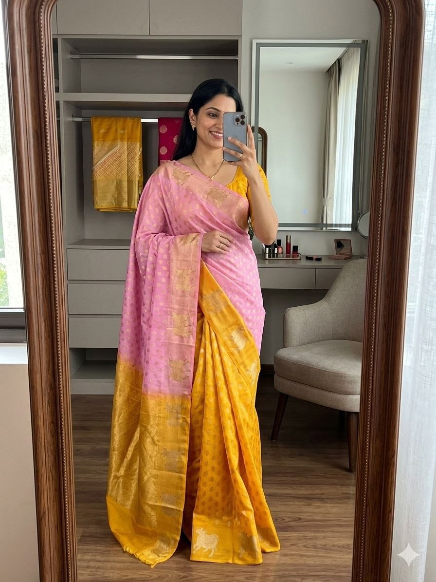 Presenting russian dola viscose yellow saree