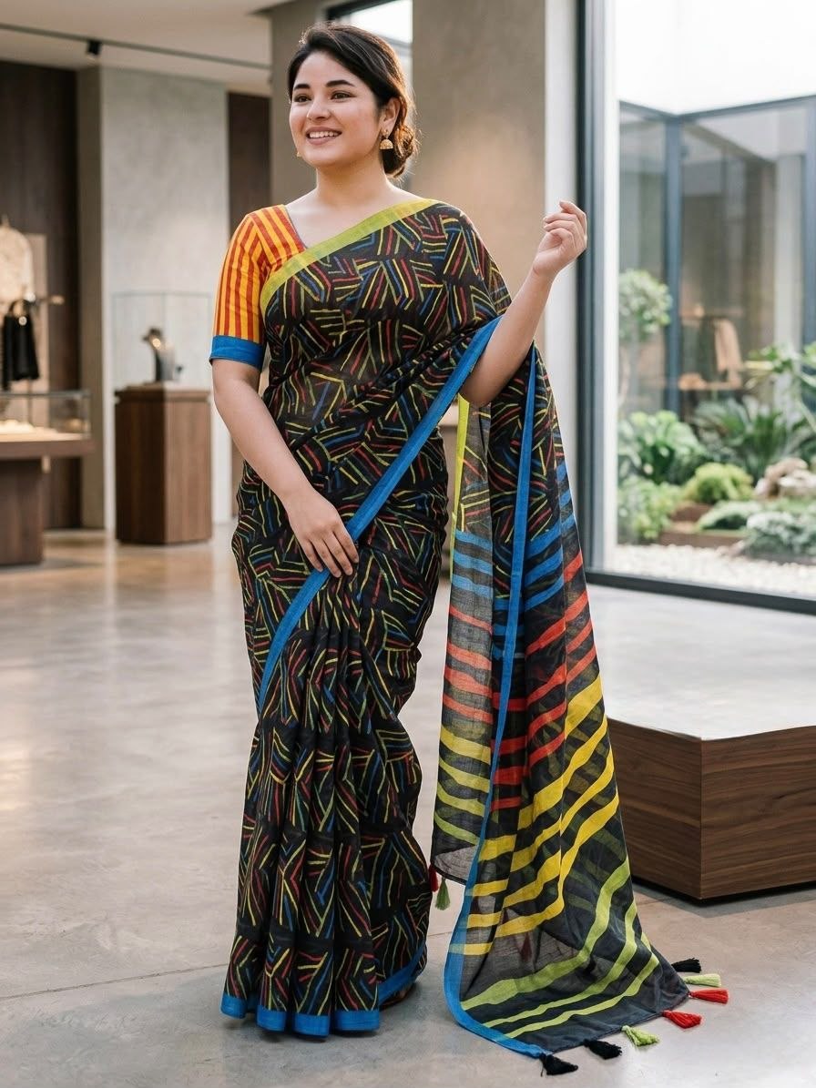 Beautiful zumka pallu soft linen cotton black saree