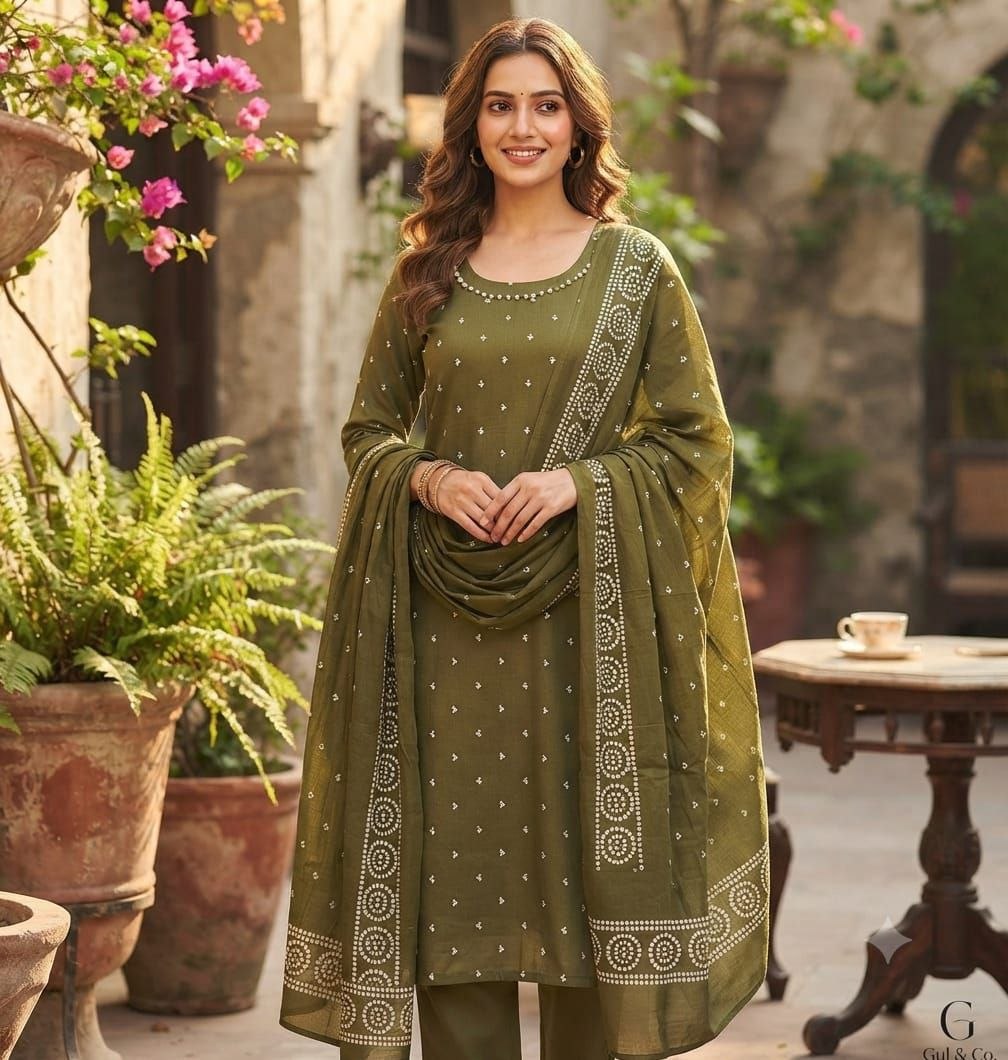 Traditional cotton mehendi kurti pant dupatta