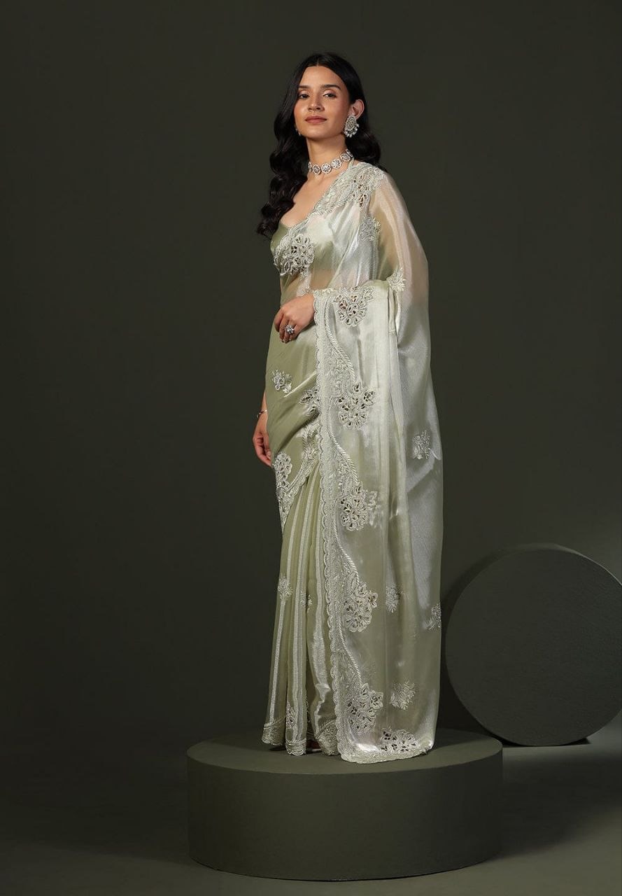 Designation thread chiffon silk pista saree