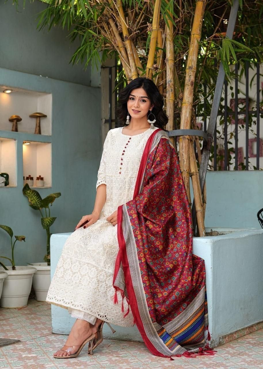 Trending chikankari cotton digital print cotton white anarkali suit