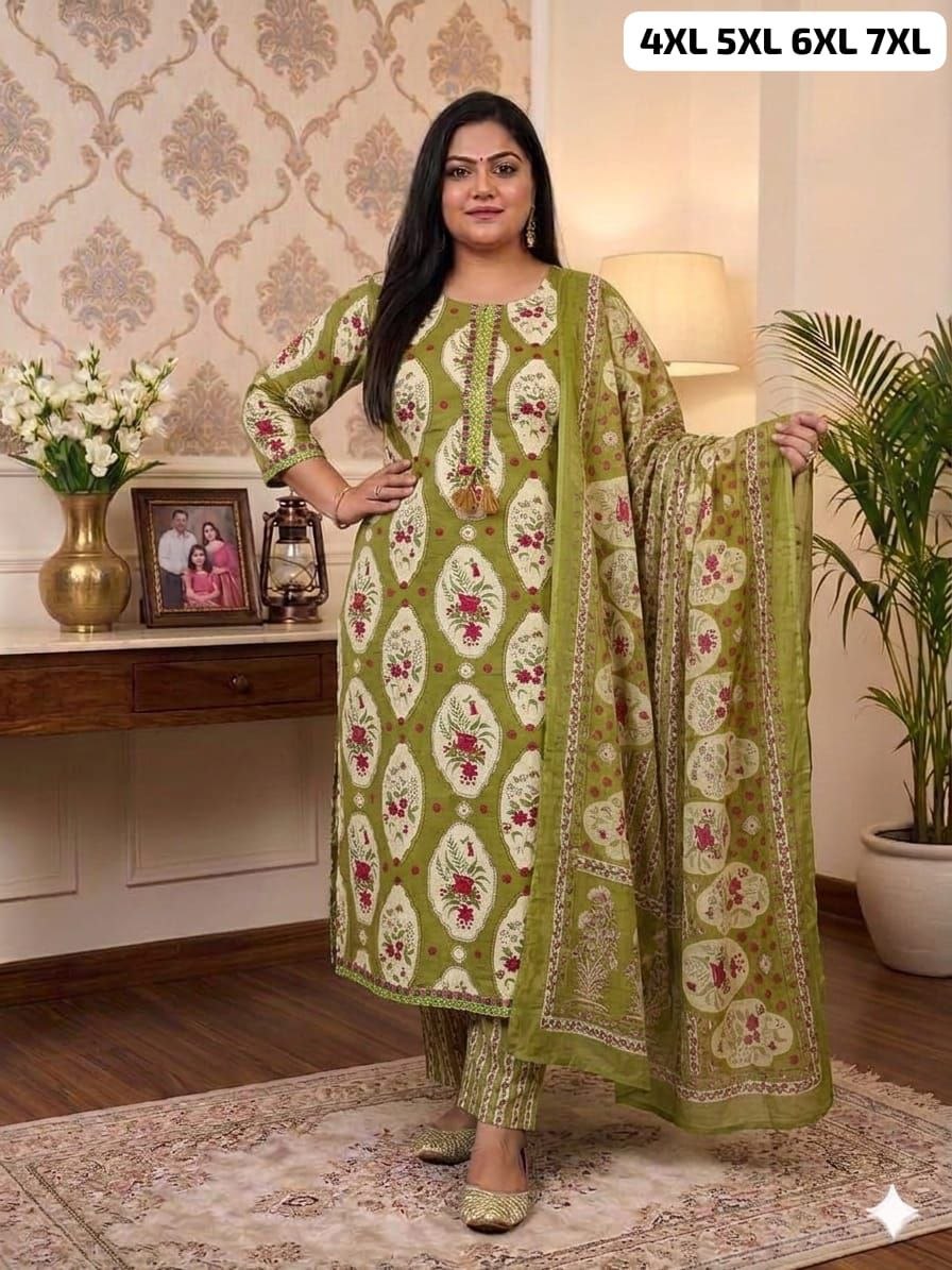Premium embroidery cotton green kurti pant dupatta