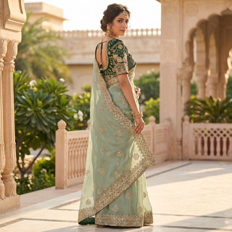 Launching embroidery sequence chendrika green saree