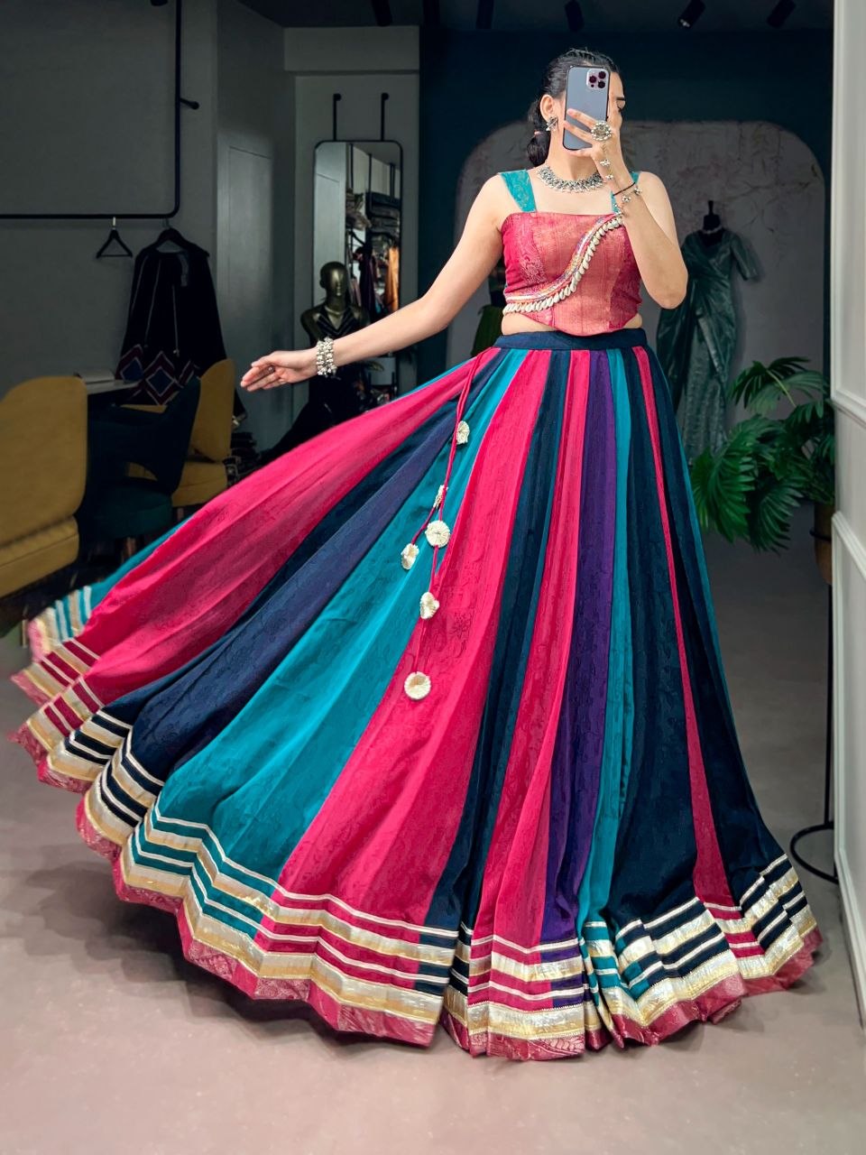 Navratri stitched chinnon crepe rani lehenga choli