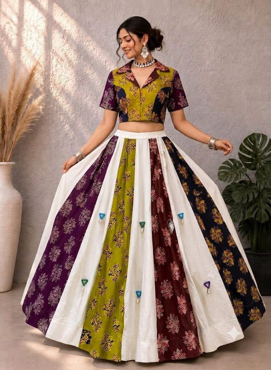 Quality stitched mirror ajarakh cotton mehendi lehenga choli