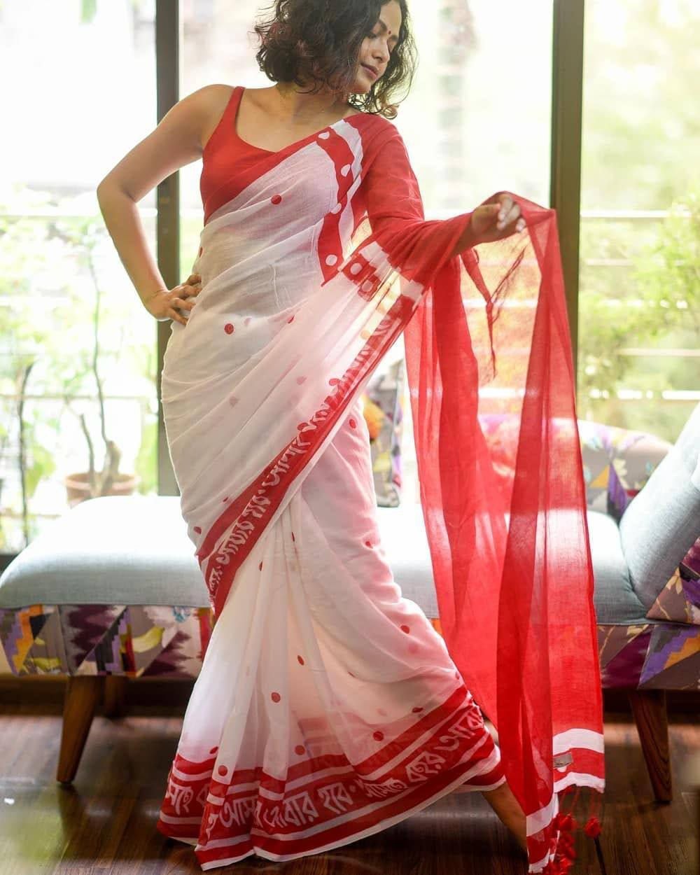 Designation digital print original linen red saree