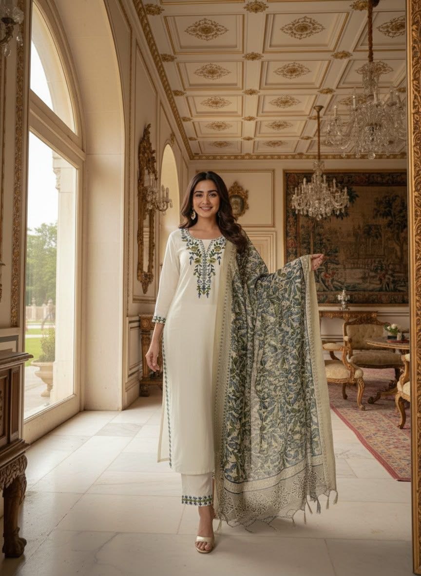 Designation embroidery khadi print cotton green kurti pant dupatta