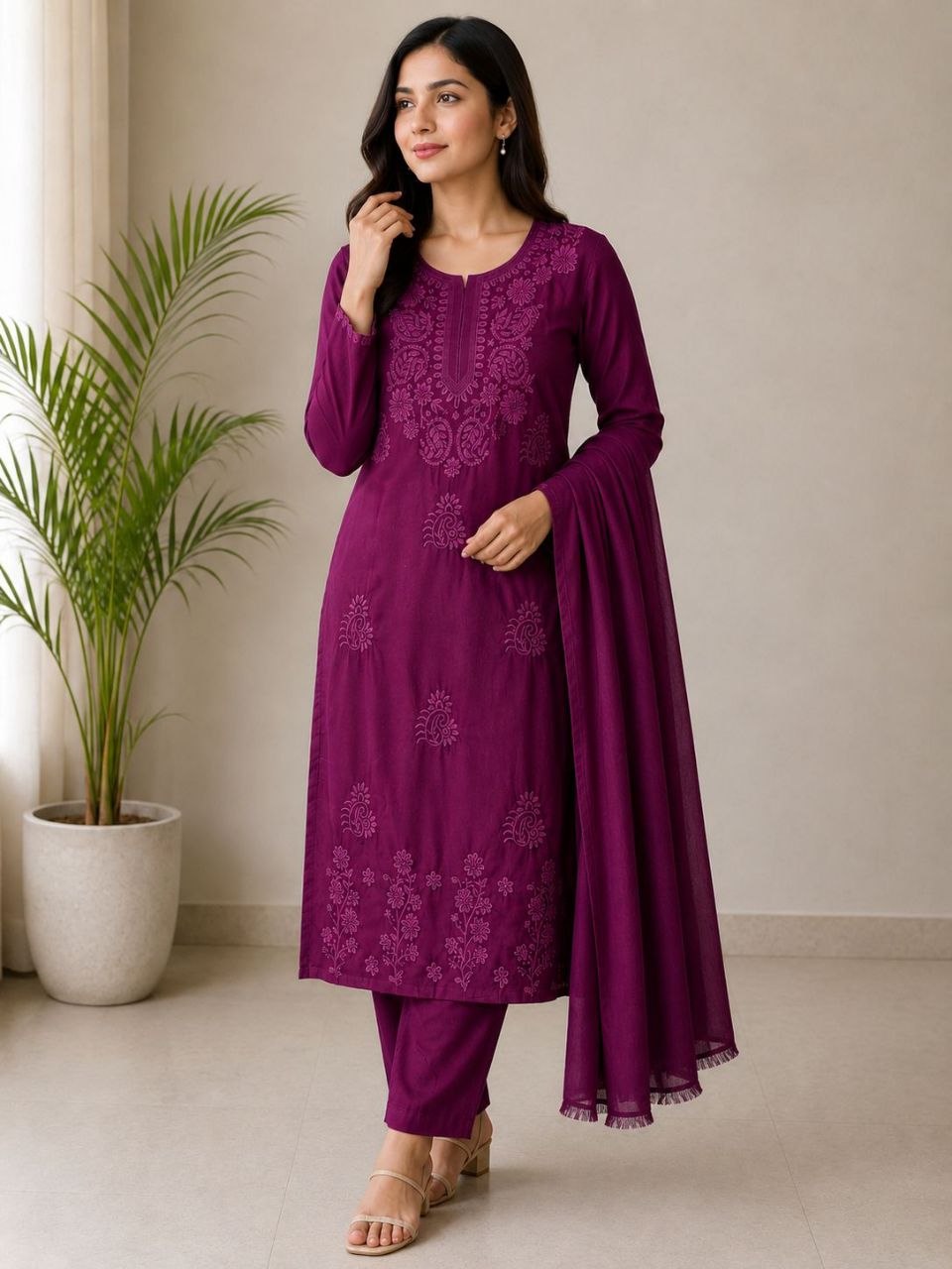Excellent embroidery heavy rayon cotton wine kurti pant dupatta